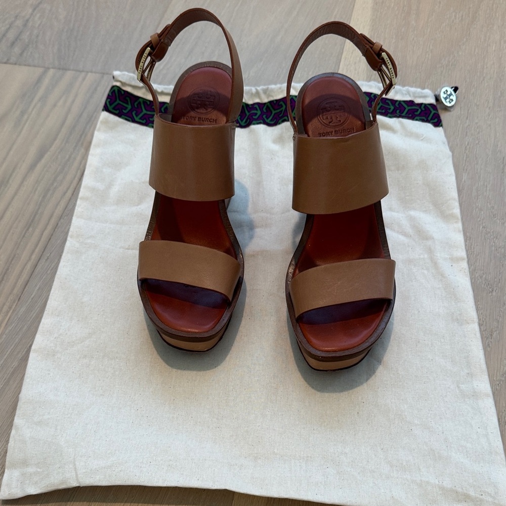 Tory Burch Tan Leather Wedge Sandals